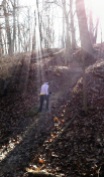 A steep portion of the trail is backlit by the Saturday sun at McNaughton Park.