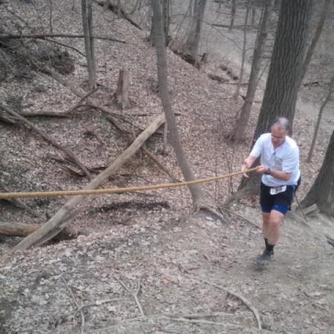 Barb shot this photo of me starting the climb of Golf Hill in the Potawatomi Trail 50 mile run. I skipped the ropes the first two or three times through, but by laps 4 and and 5, the ropes seemed to help. Note to self: Wear a hat when someone's shooting from above.