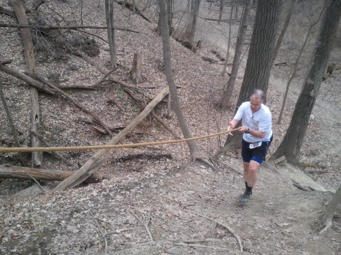 Barb shot this photo of me starting a climb in the Potawatomi Trail 50 mile run.