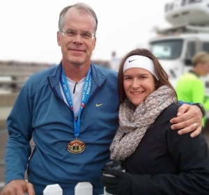 After the race, I pause to get congratulations from daughter Laura. Laura and my wife, Barb, shadowed me throughout the race, supplying me with my endurance drink, a home-made mix of maltodextrin. 